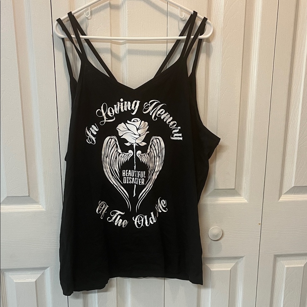 Beautiful Disaster Black Double-Strap Muscle Tee with Memorial Graphic